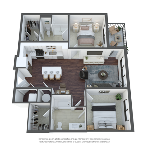 a spacious two bedroom apartment with two bathrooms and a living room with a kitchen and dining area